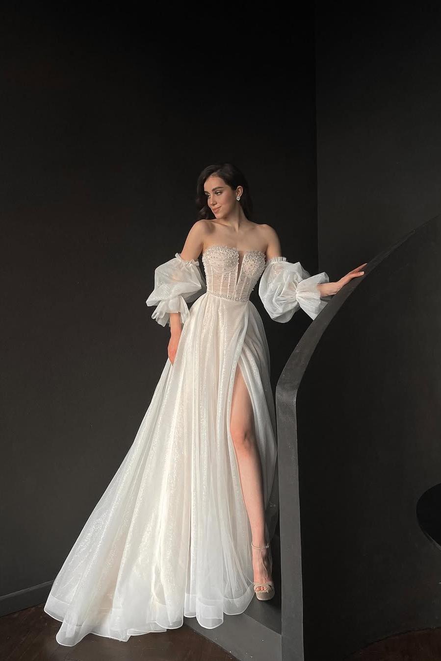 Stunning White Puff Sleeves Tulle Strapless Long Split Wedding Dress with Beadings | MS0449  