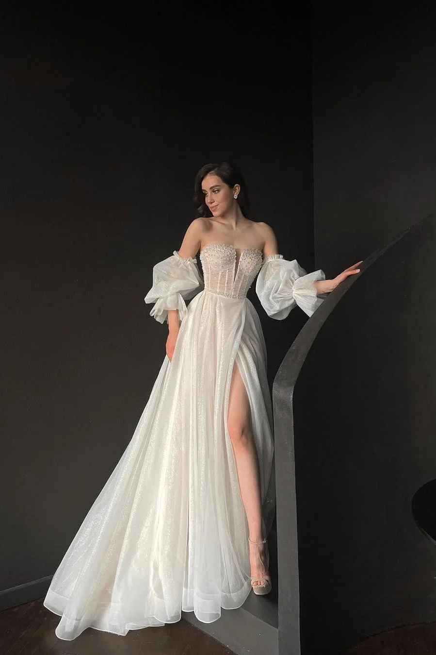Miabel Stunning White Tulle Strapless Puff Sleeves Long Split Wedding Dress with Beadings 