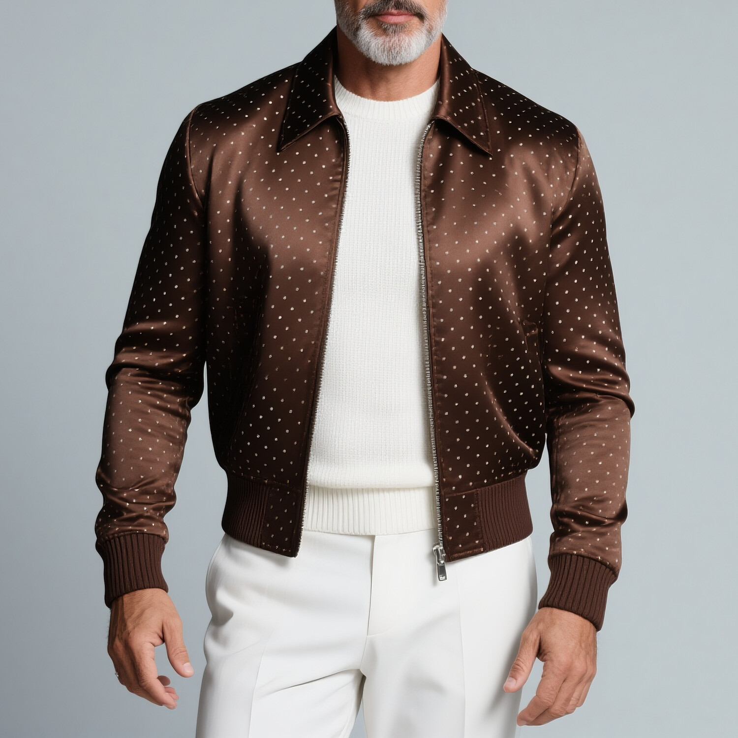 Men's Polka Dot Shirt Collar Long Sleeve Zip Up Jacket