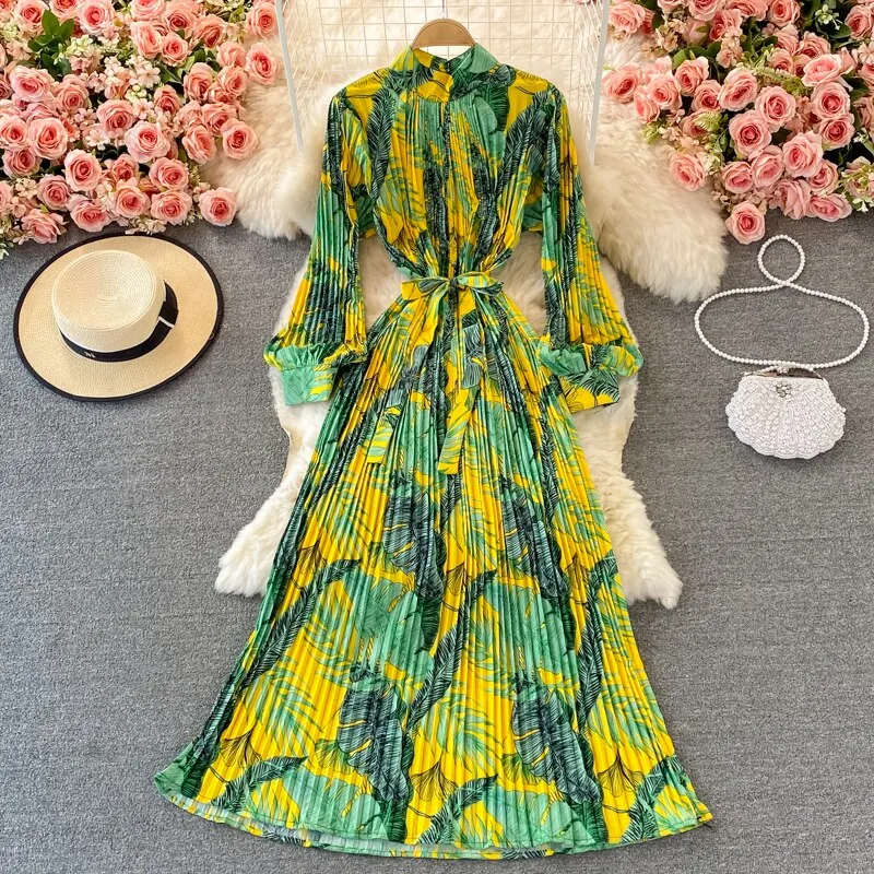 Uveng New Women French Loose Pleated Printed Long Dress Elegant Long Sleeve A-line Lady Clothes Autumn Female Maxi Dress