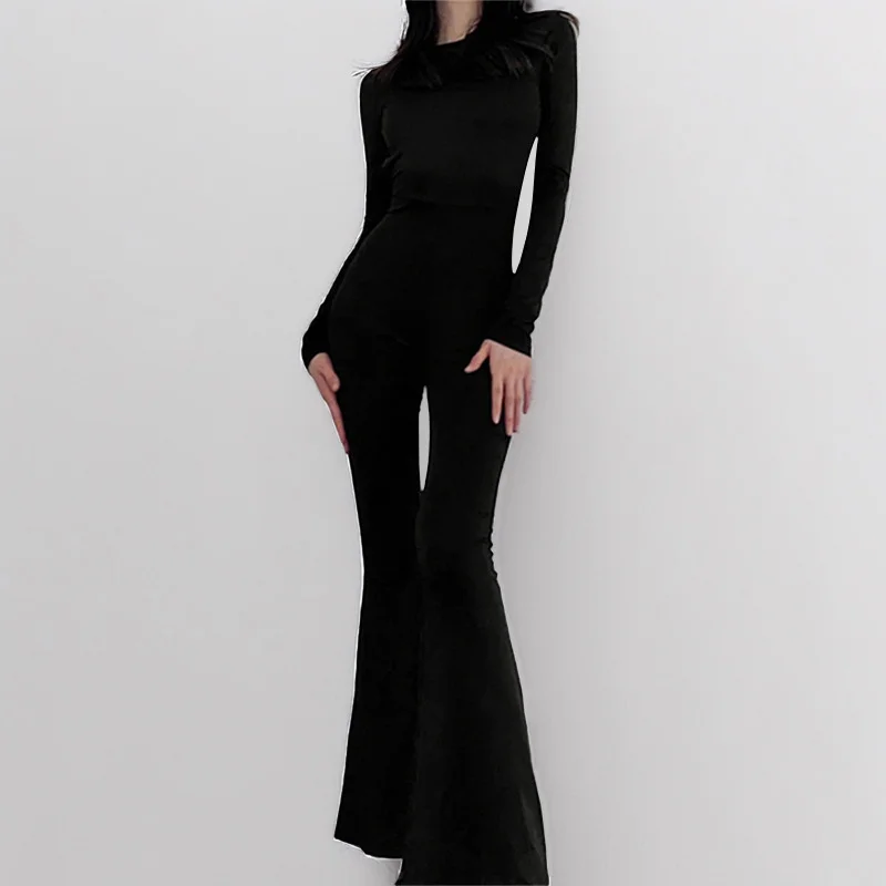Brownm Brownm Winter Women's Temperament Long Sleeve Solid Color Fashion Back Micro La Jumpsuit