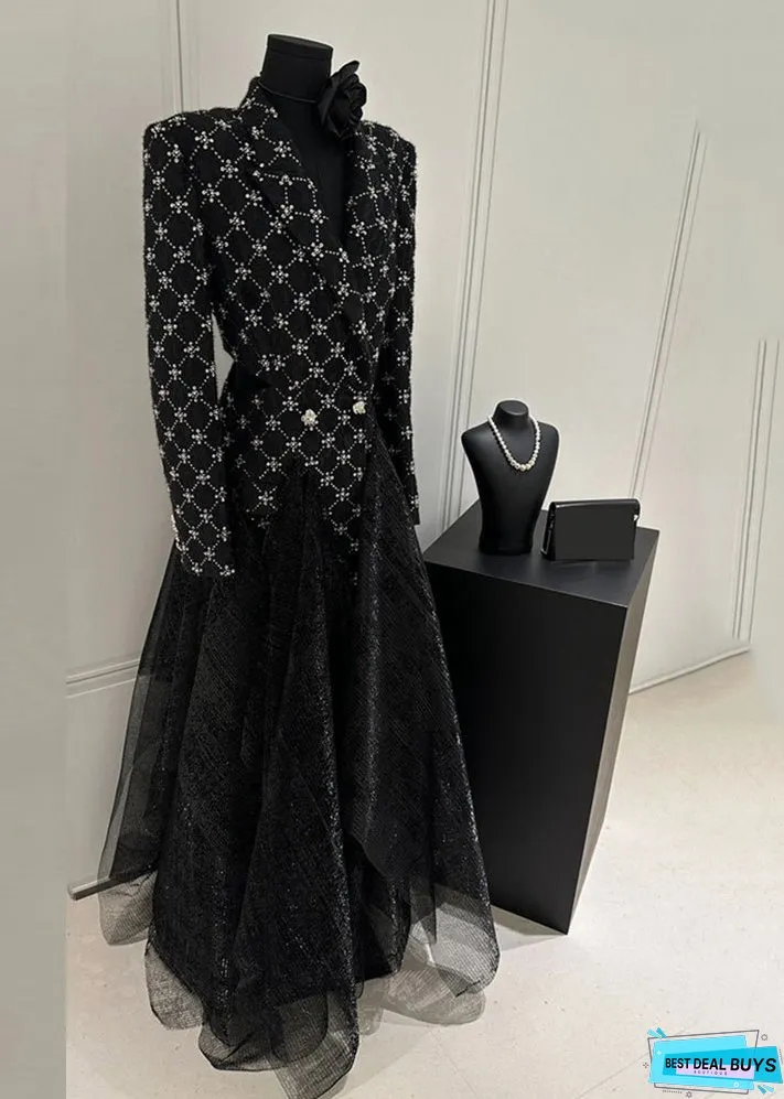 Slim Fit Black Plaid Patchwork Tulle Maxi Dress Fall