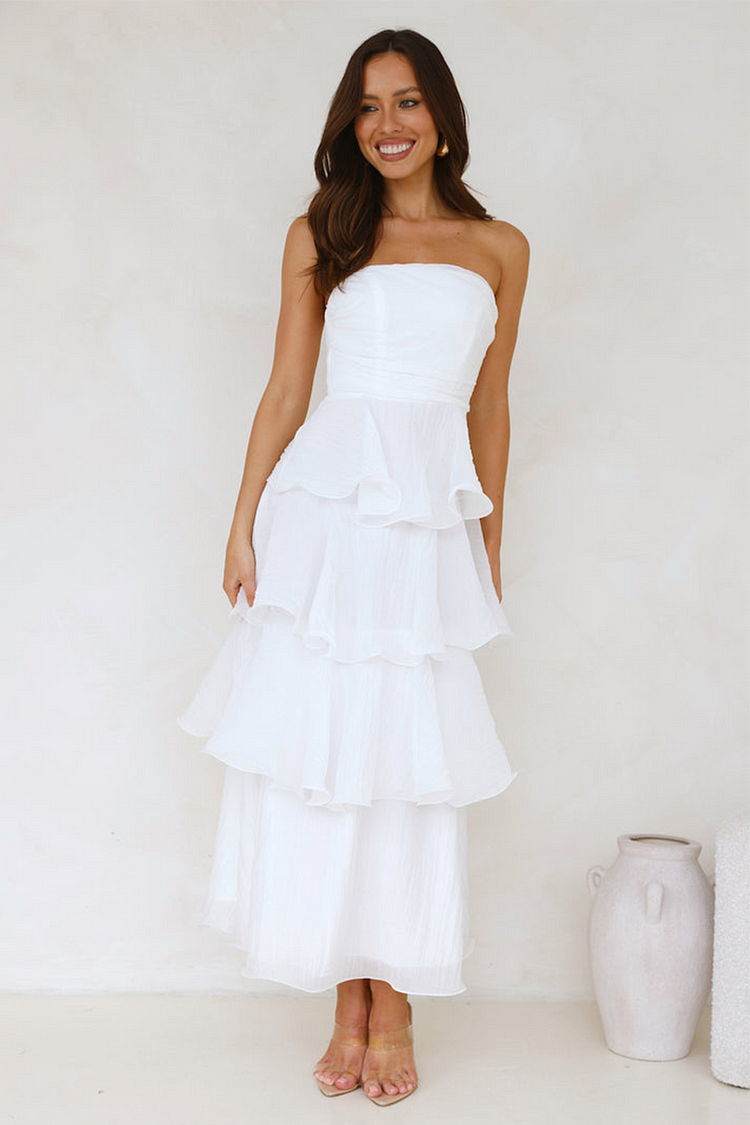Strapless A-Line Layered Ruffled Hem Maxi Dresses-White [Pre Order]