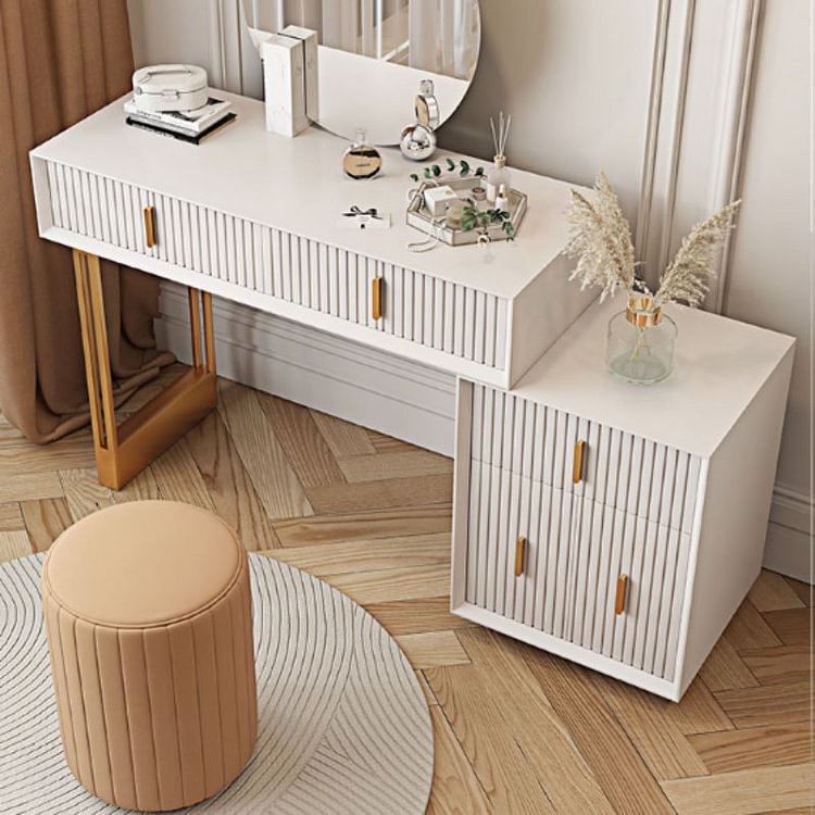 Homemys Extendable Makeup Vanity Dressing Table with Mirror & Side Cabinet & Round Seat