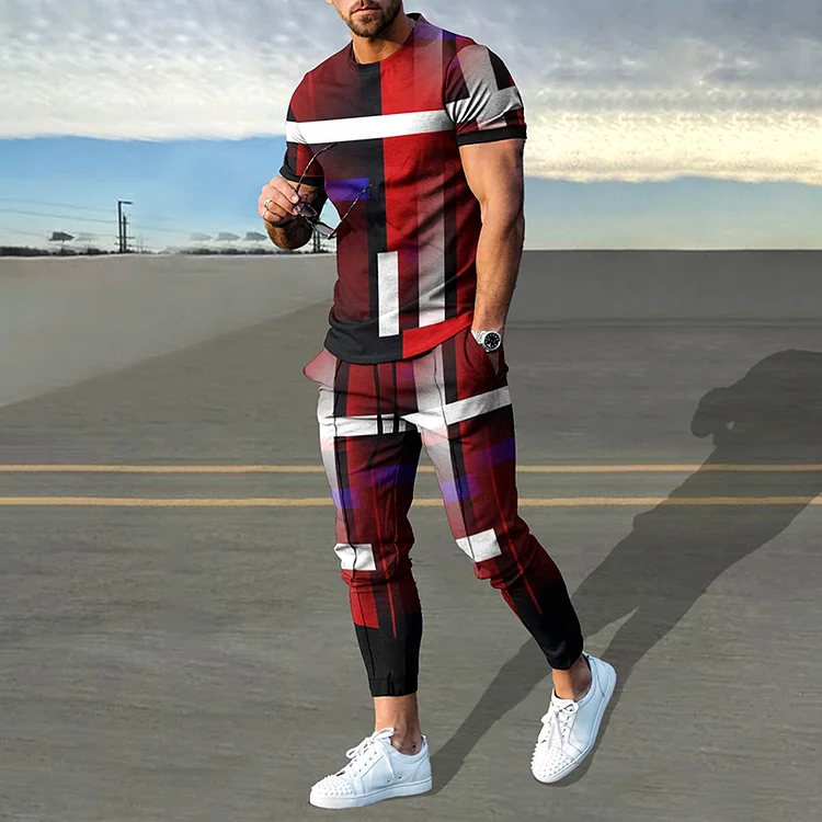 BrosWear Gradient Contrast Red Geometry Print T-Shirt And Pants Co-Ord