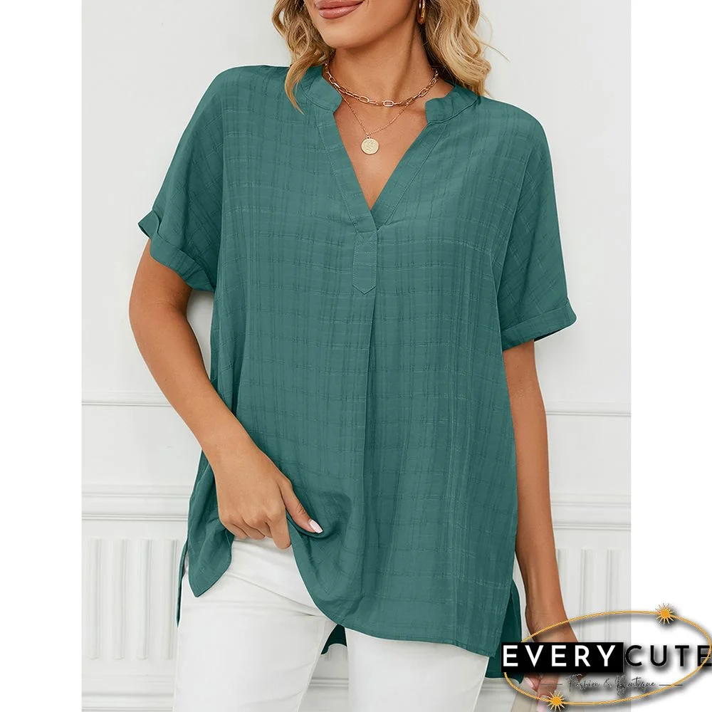 Green V Neckline Woven Pullover Tops
