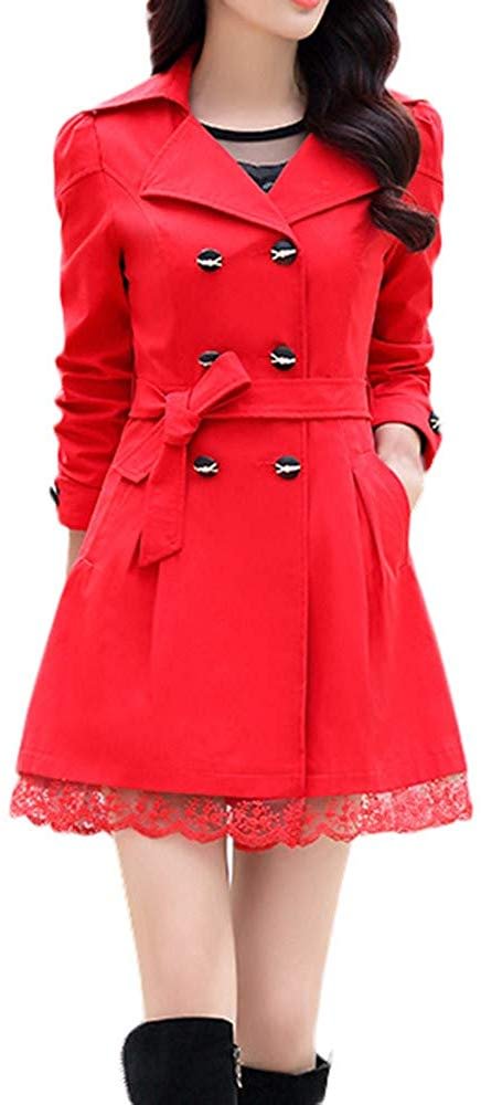 Womens Trench Coat Double-Breasted Coats Bowknot Sashes Outwear Lace Hem