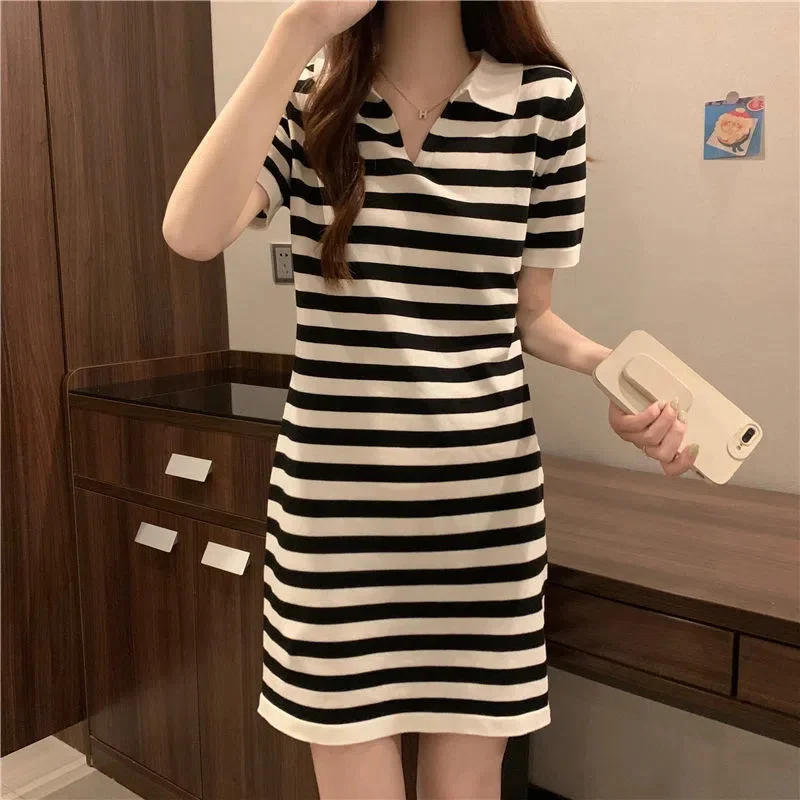 Uveng Uveng Version Of Temperament Striped T-Shirt Dress Retro POLO Received Waist-Skinny Straight Dress Summer Dress Girl