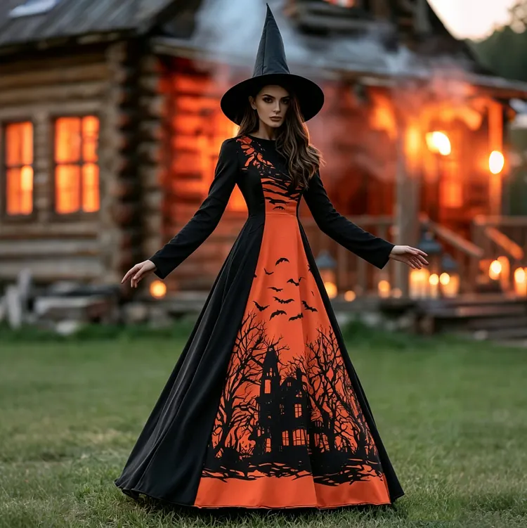 Women's Vintage Halloween Art Print Crew Neck Long Sleeve Maxi Dress