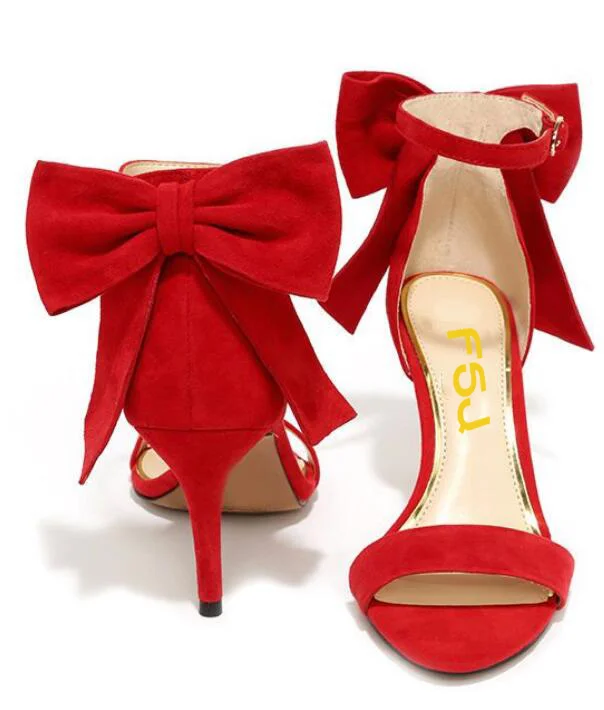 Red Cute Bow Stiletto Heels Ankle Strap Sandals |FSJ Shoes