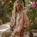 Women's Pink Rose Pattern Casual Short Cardigan - Image 2