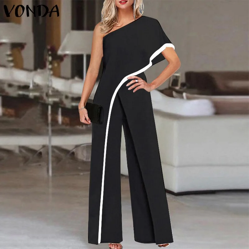 2022 VONDA Women Vintage Wide Leg Rompers Elegant Long Jumpsuits Casual Loose Solid One Shoulder Office Party Overalls Oversized