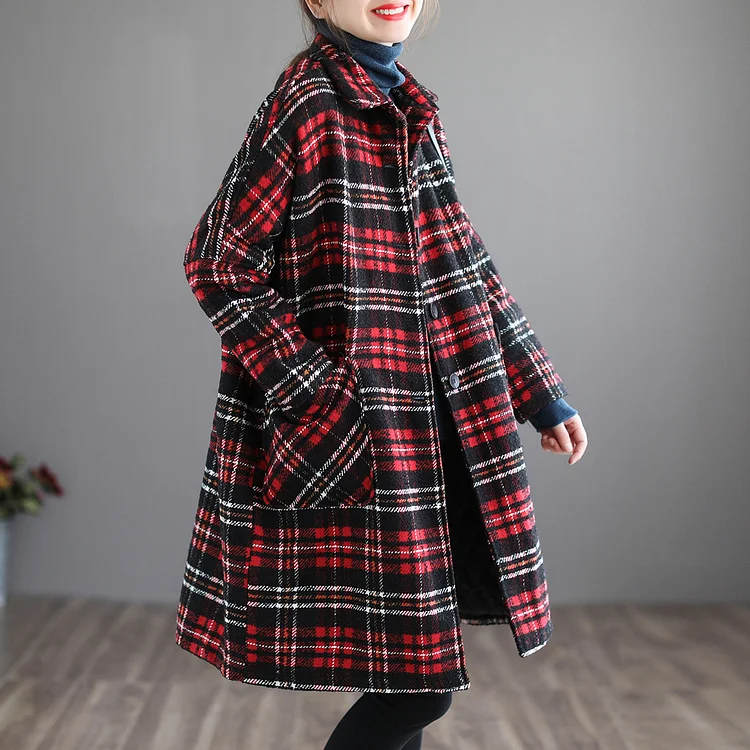 Classic Warm Plaid Lapel Long Sleeve Coat - yankia