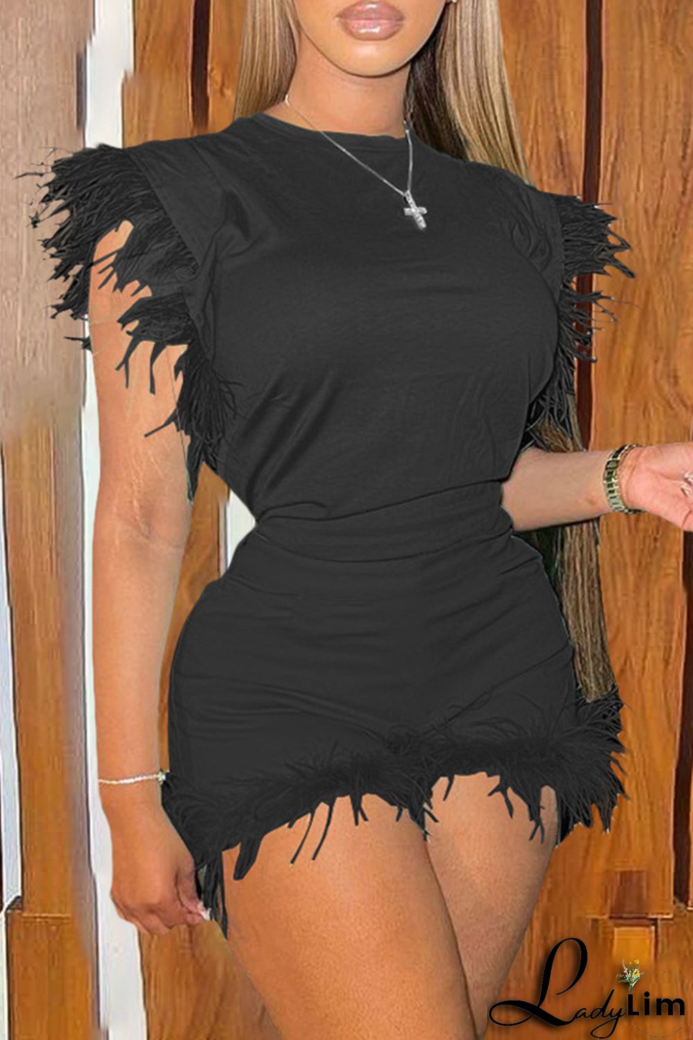 Cyan Fashion Casual Solid Patchwork Feathers O Neck Sleeveless Two Pieces