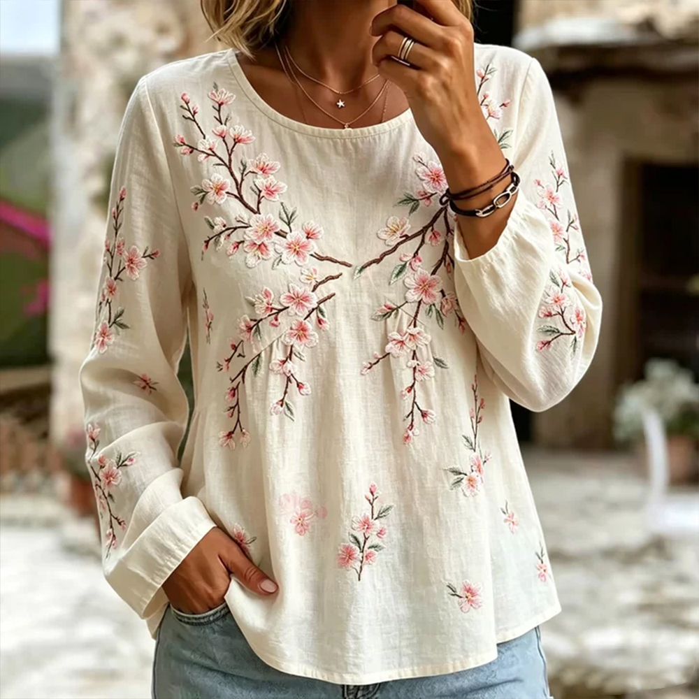 Comstylish Vintage Style Cherry Blossom Branch Embroidery Art Linen Blend Round Neck Top
