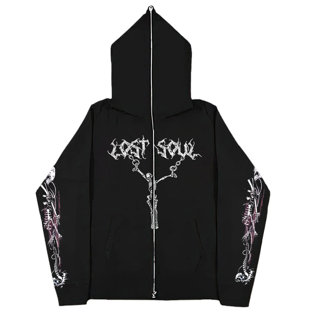 Hip Hop Skull Print Gothic Dark Zipper Sweatshirt Loose Full Zip Up Hoodie