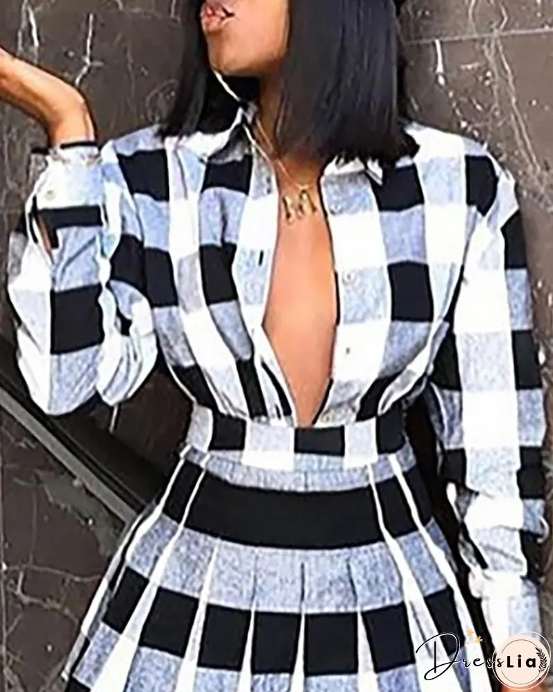 Plaid Colorblock Shirt & Tight Wasit Pleated Skirt Sets