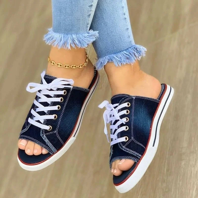 Zhungei Fashion Women Canvas Sandals Breathable Summer Slippers Lace Up Open Toe Ladies Faux Denim Flat Shoes Zapatos Mujer