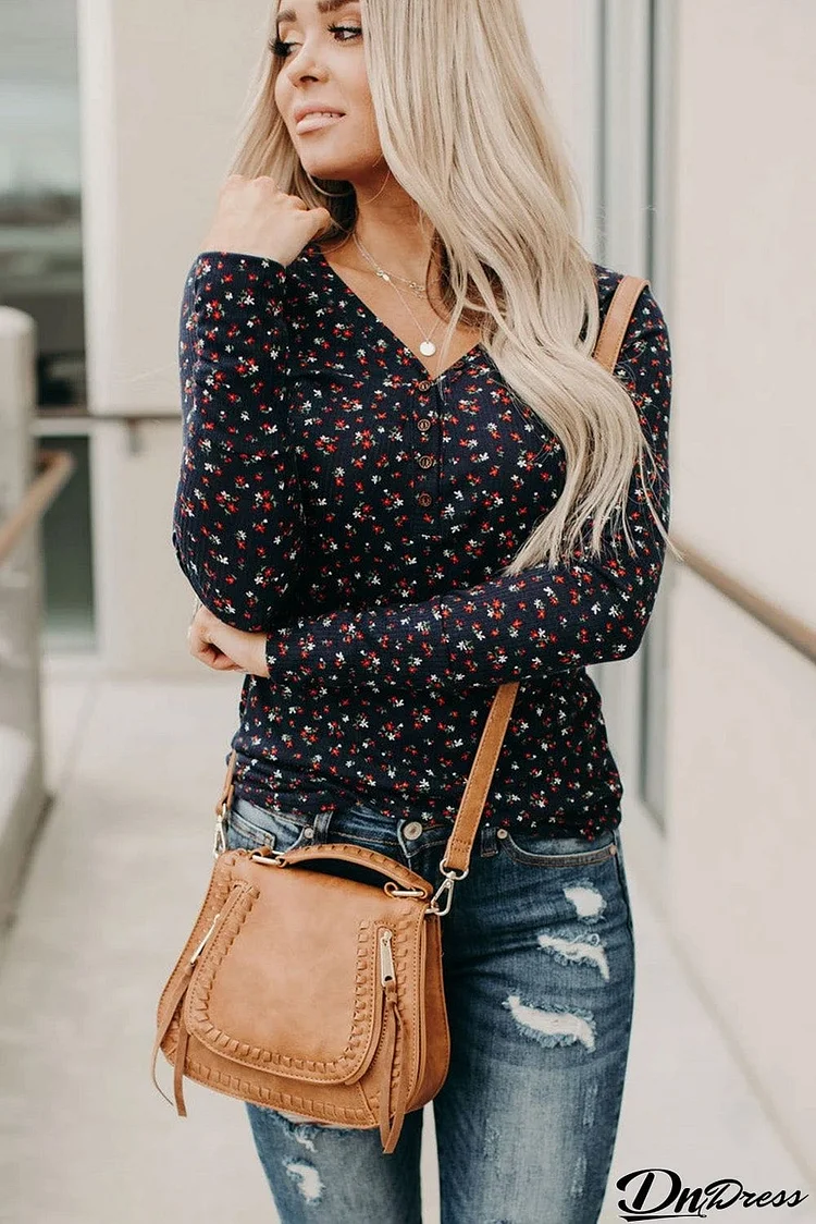 Navy Button V Neck Long Sleeve Floral Top