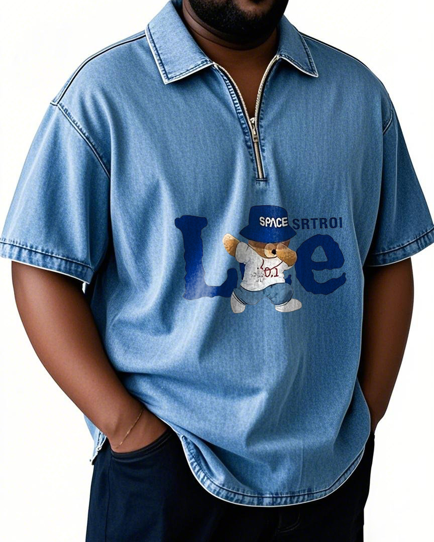 Men's Plus Size Funny Alphabet Bear Print Denim Zipper Stand Collar Short Sleeve Shirt