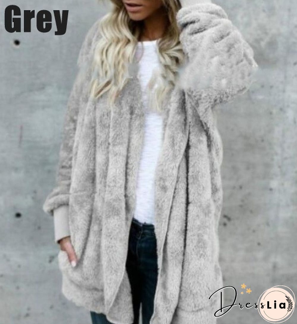 New Women’s Fashion Winter Warm Outwear Solid Color Long Sleeve Sweaters Hoodies Coats Loose Plush Cardigan Coat