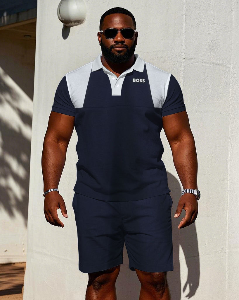 Royal Blue Brand Logo Printed Casual Short-sleeved POLO Shorts Suit Men's Plus Size