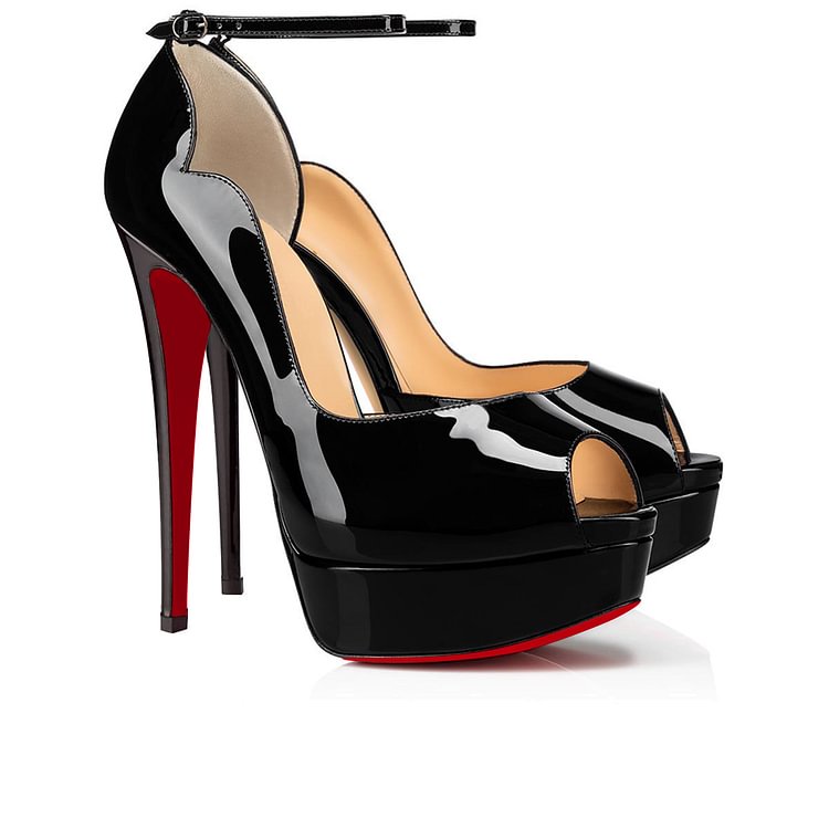 150mm Red Bottom Sky High Peep Toe Platform Ankle Strap Pumps