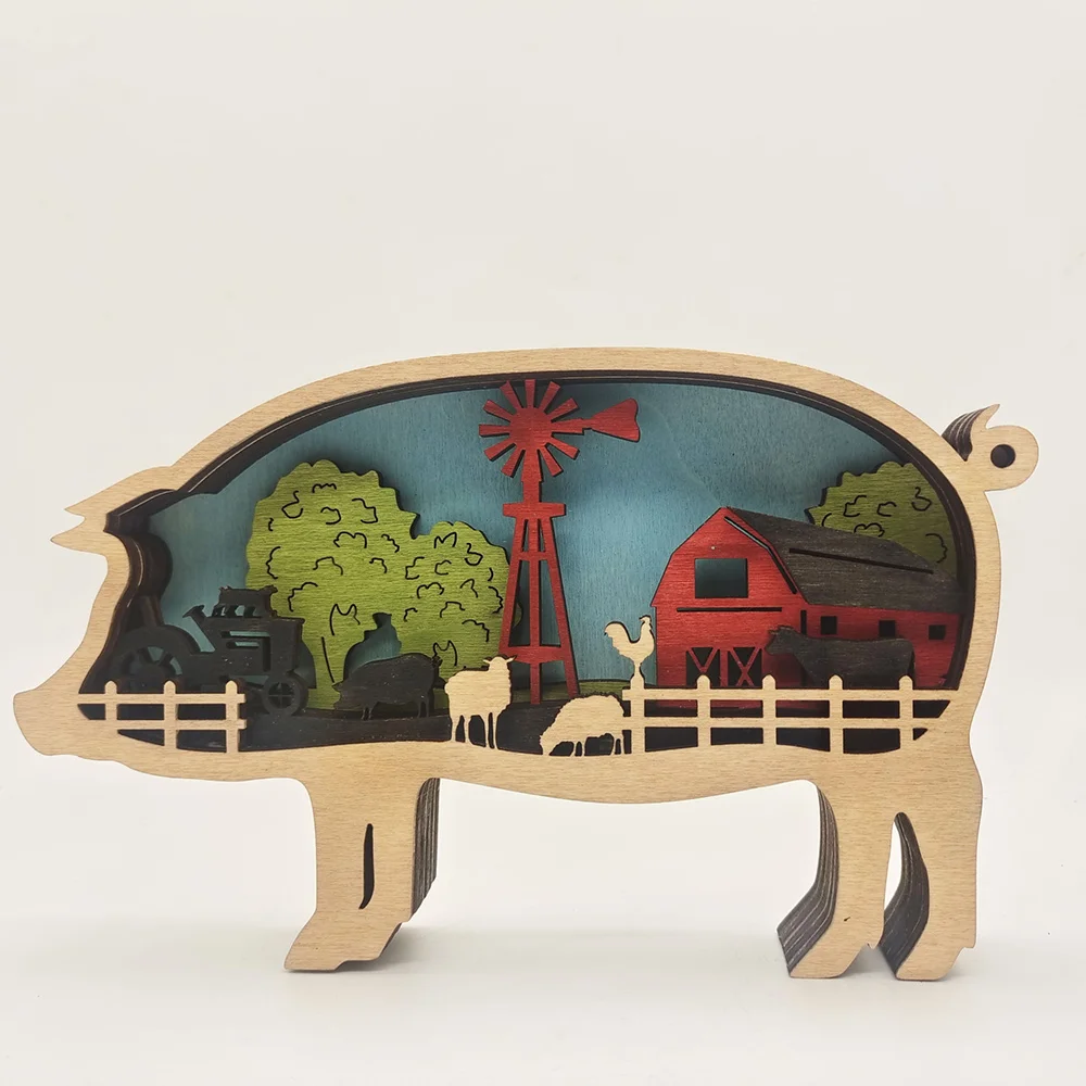 Purexcellent&trade; New creative home desktop wood carving pig handicraft ornament