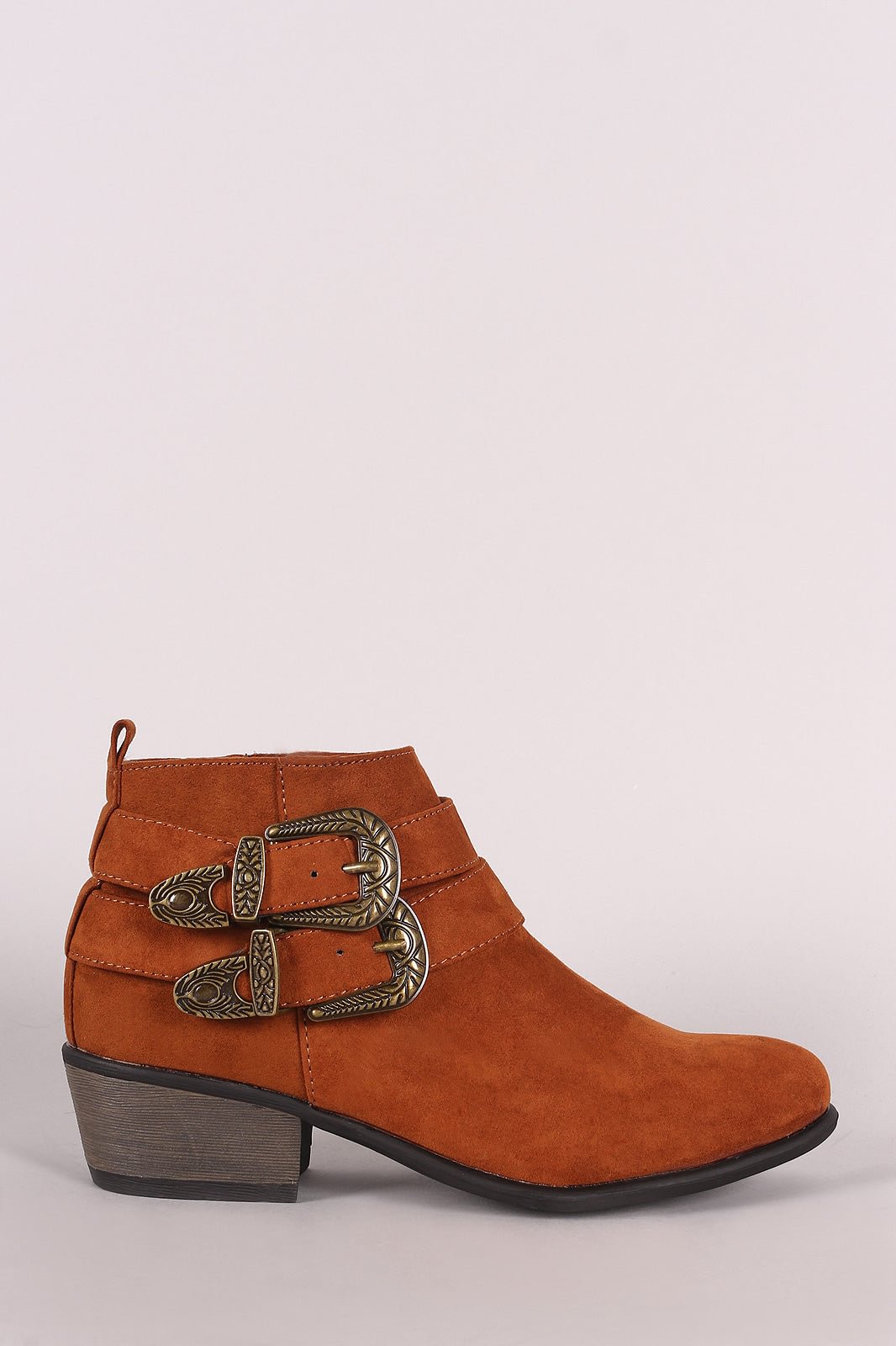 Bamboo Suede Almond Toe Etched Buckled Ankle Booties
