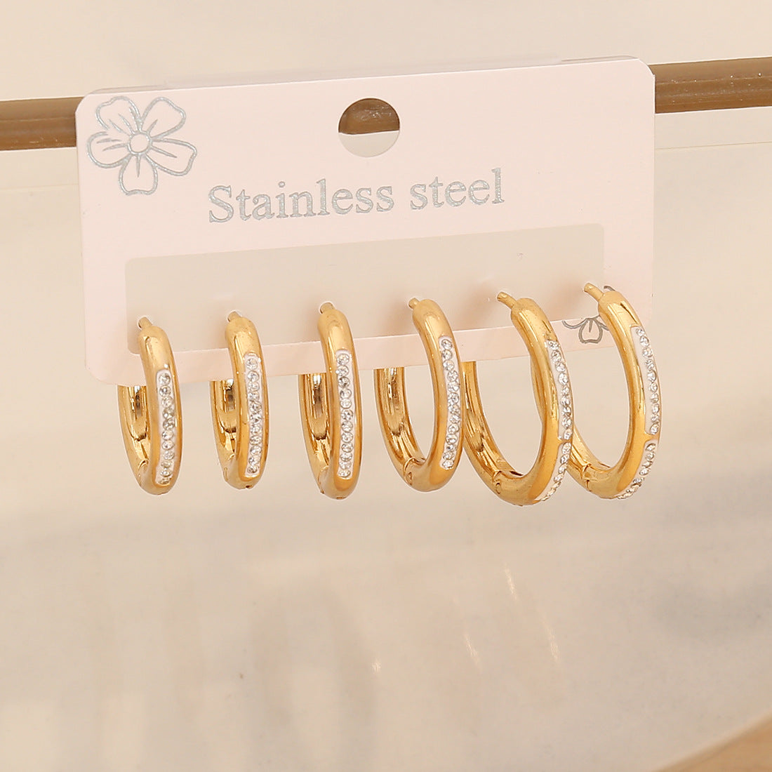 3 Pairs Of Round Full Diamond Earrings Heart-Shaped Stainless Steel Earrings Earrings E576