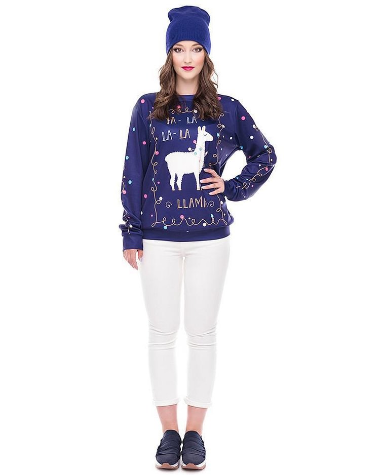 Mayoulove Blue Christmas Alpaca Fairy Lights Printed Unisex Pullover Sweatshirt-Mayoulove