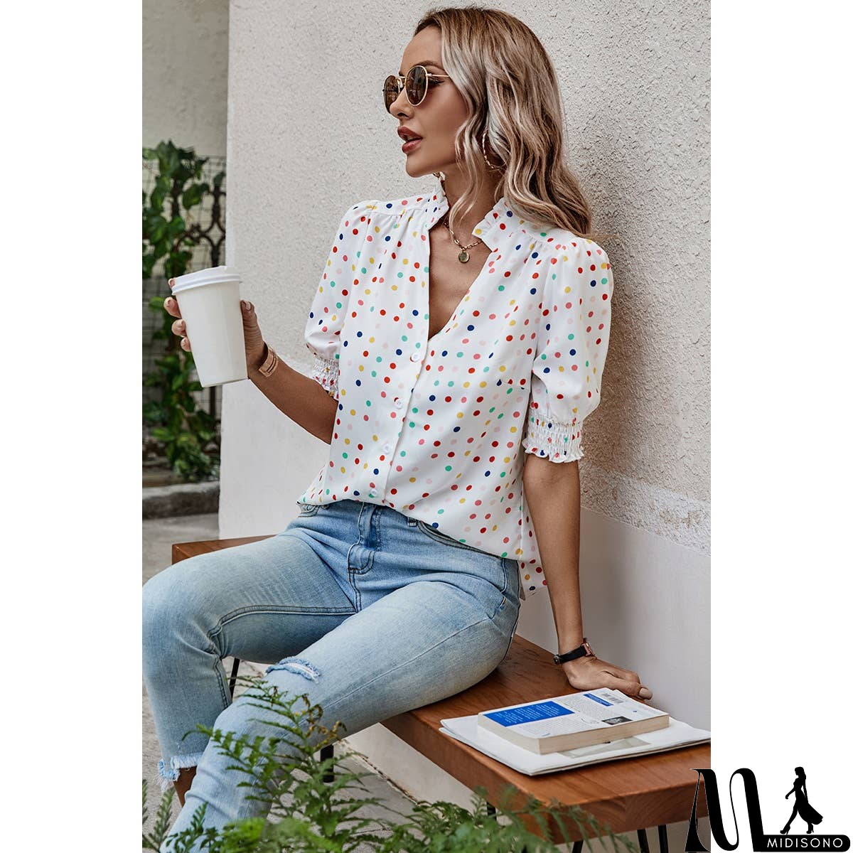 MidiSono - Polka Dot Print Puff Sleeve Button Shirt