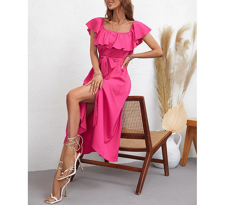 Women's Casual Lace Square Neck Slim Fit Fashion Slit Midi Dress