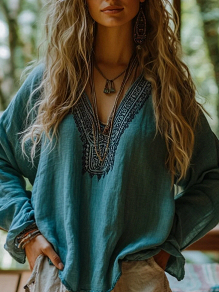 Bohemian Vacation Vintage Linen Print Casual Long Sleeved Top