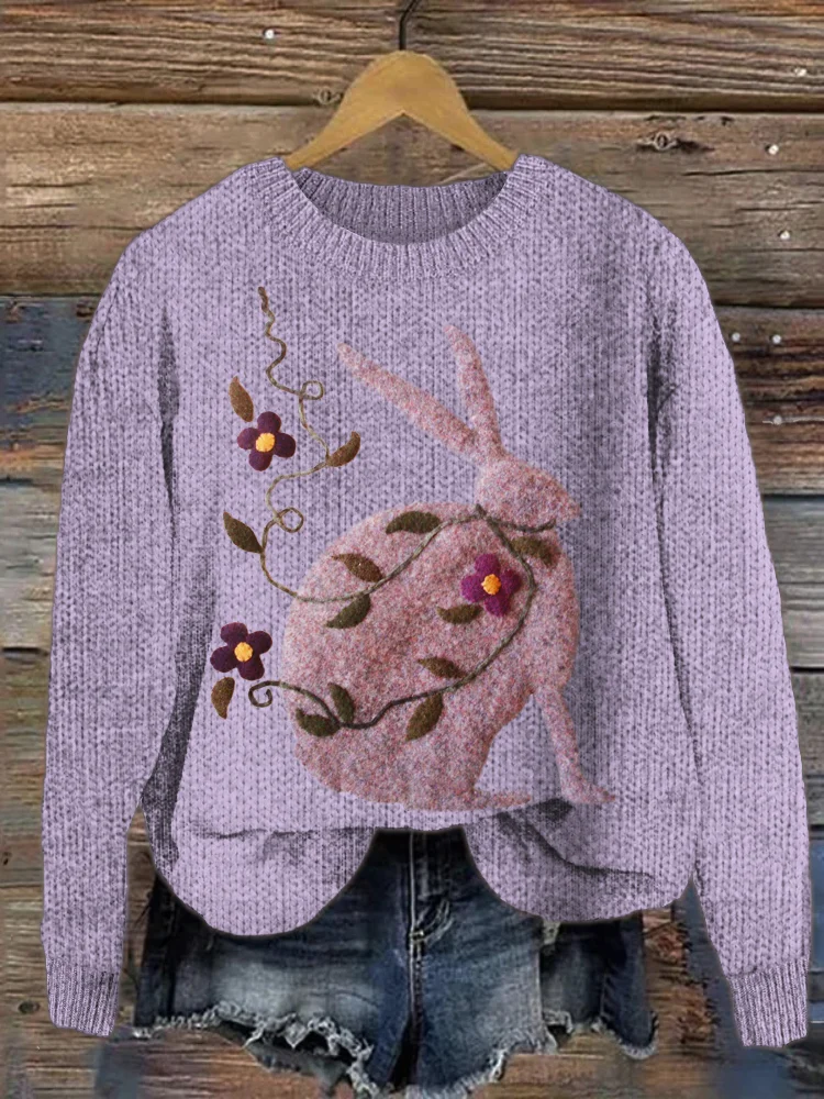 Floral & Rabbit Felt Pattern Cozy Sweater