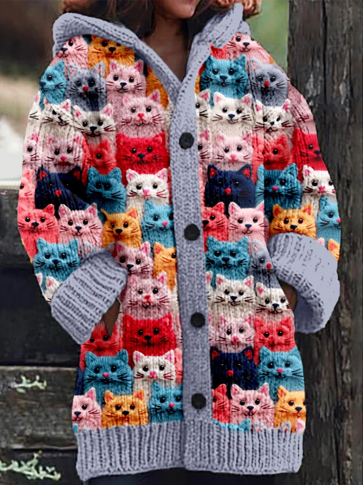 Colorful Spring Cats Pattern Cozy Hooded Cardigan