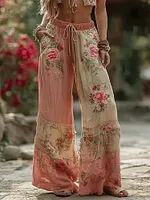 Women's Pink Rose Pattern Casual Linen Pants