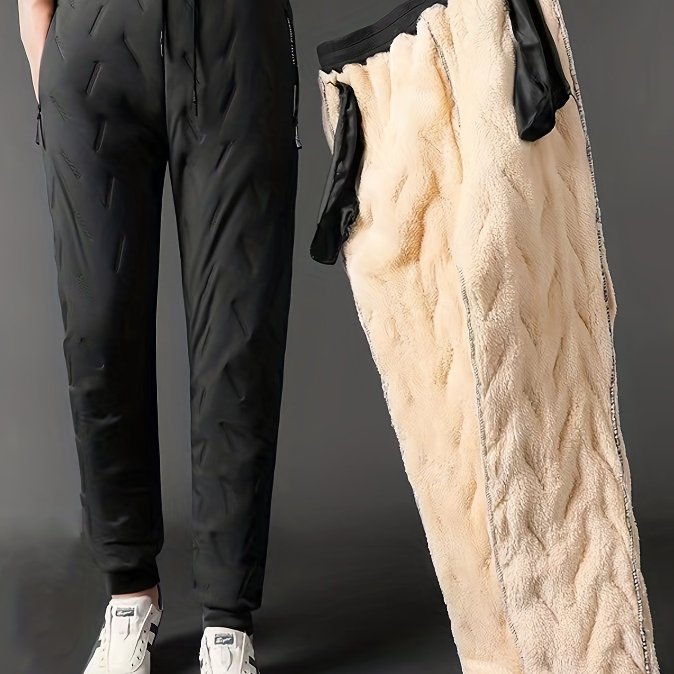 Warm Fleece Stretch Joggers, Men's Causal Zipper Pockets Waist Drawstring Sweatpants For Fall Winter