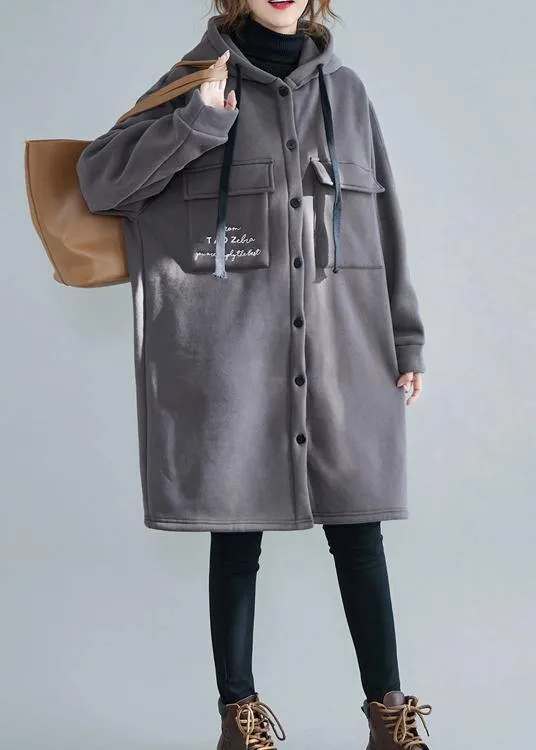 Fine gray embroidery women parka oversize winter jacket hooded pockets outwear