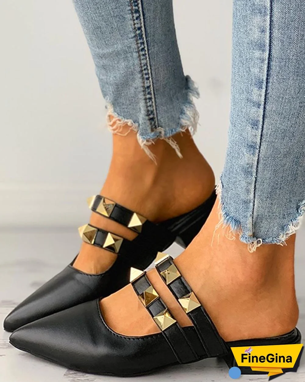 Double Strap Rivet Pointed Toe Slip-on Flats