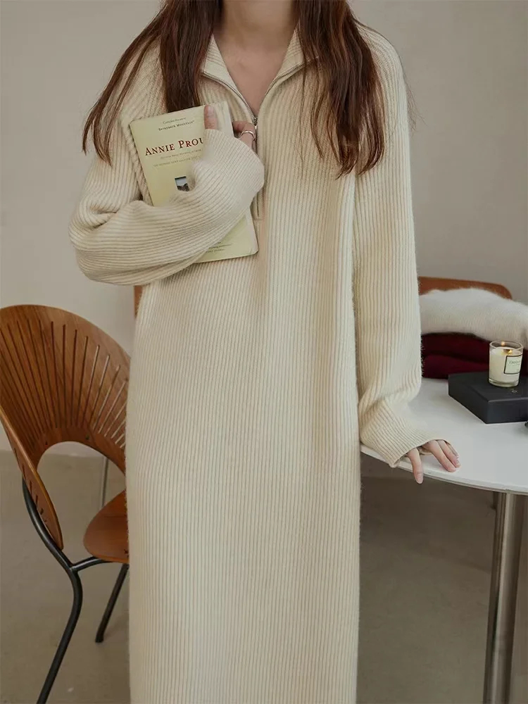 Women's Solid Color Retro Elegant Lapel Loose Warm Sweater Dress