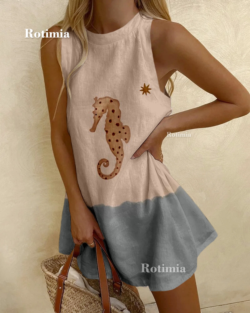 Seahorse Print Sleeveless Mini Dress