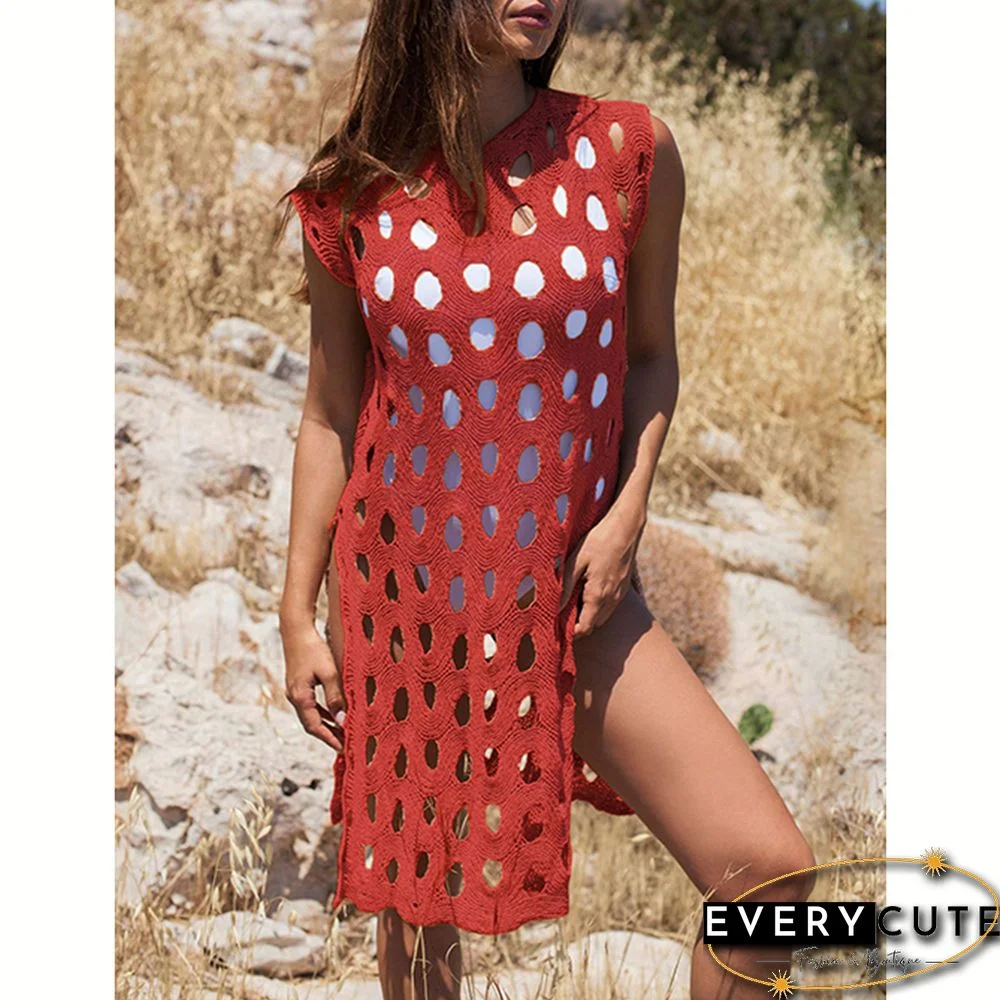 Red Hollow-out Pullover Beach Cover with Slit
