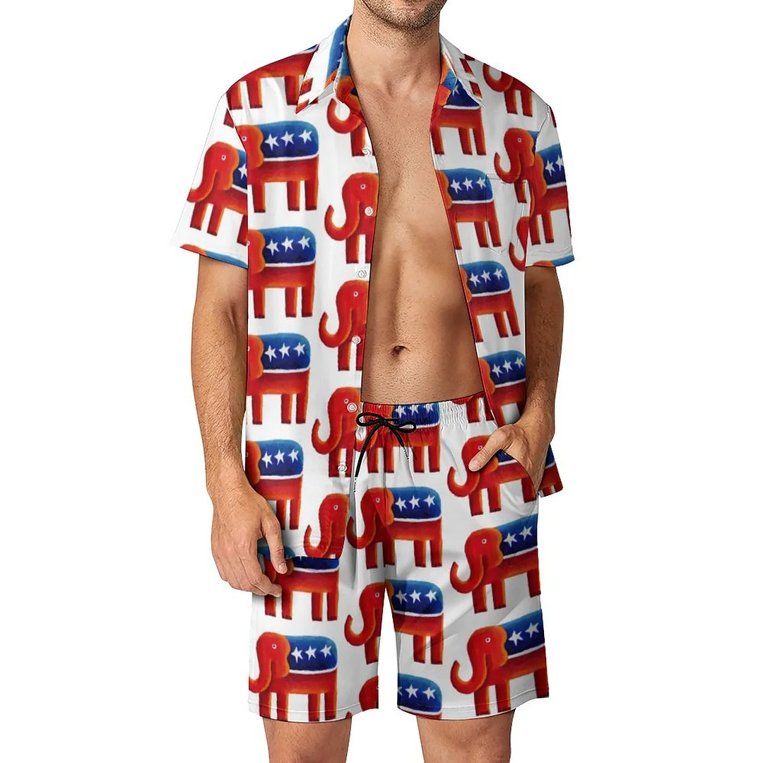 Republican Elephant Men Hawaiian 2 Piece Outfit Vintage Button Down Beach Shirt Shorts Set Tracksuit with Pockets