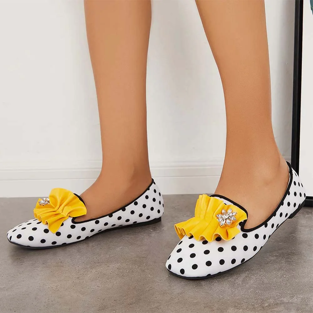 White & Black Polka Dot Round Toe  Loafers With Yellow Fold Rhinestone Flower Decor Flats Nicepairs