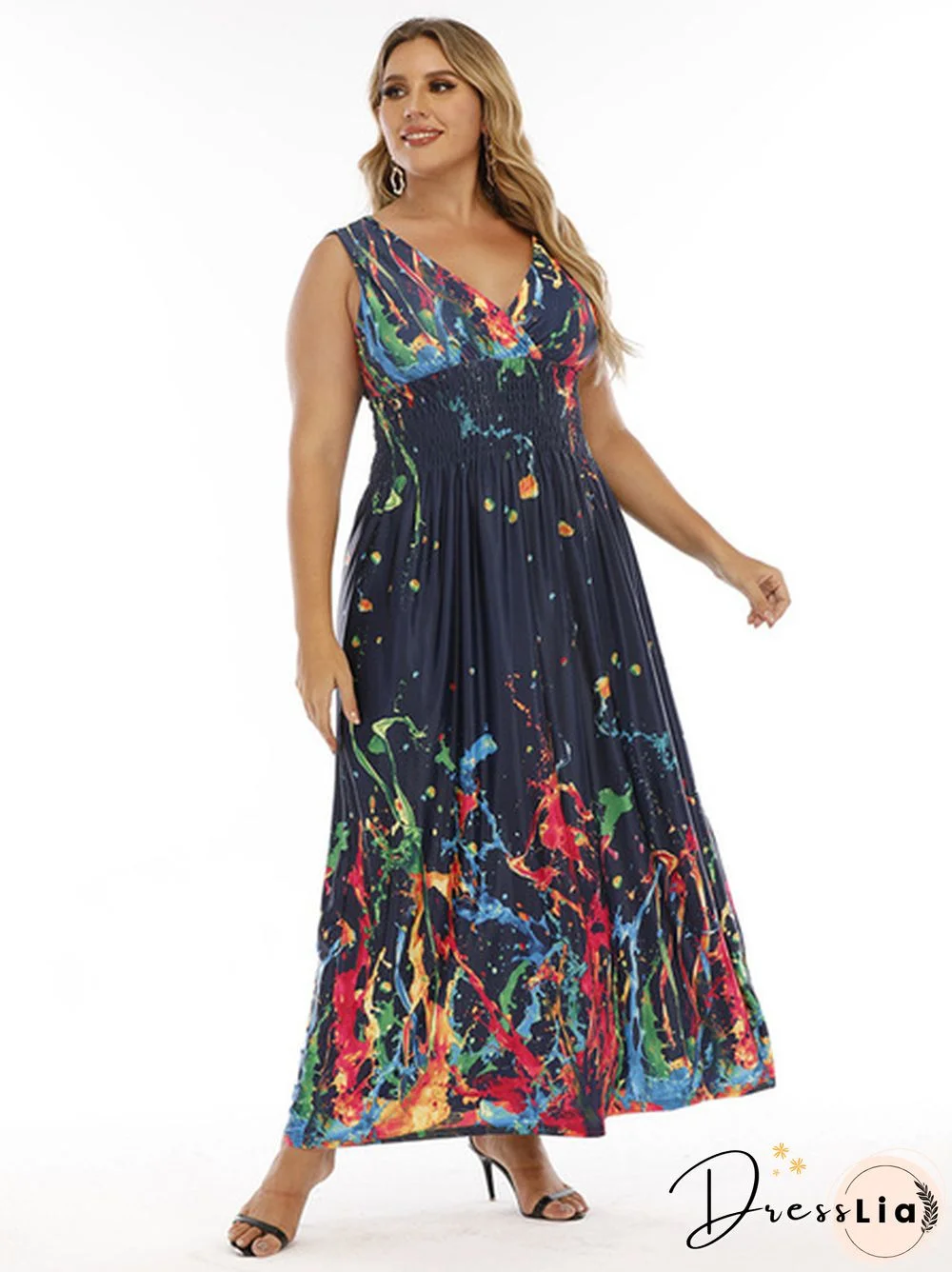 Plus Size Double V-Neck Print Smocked Waist Maxi Dress