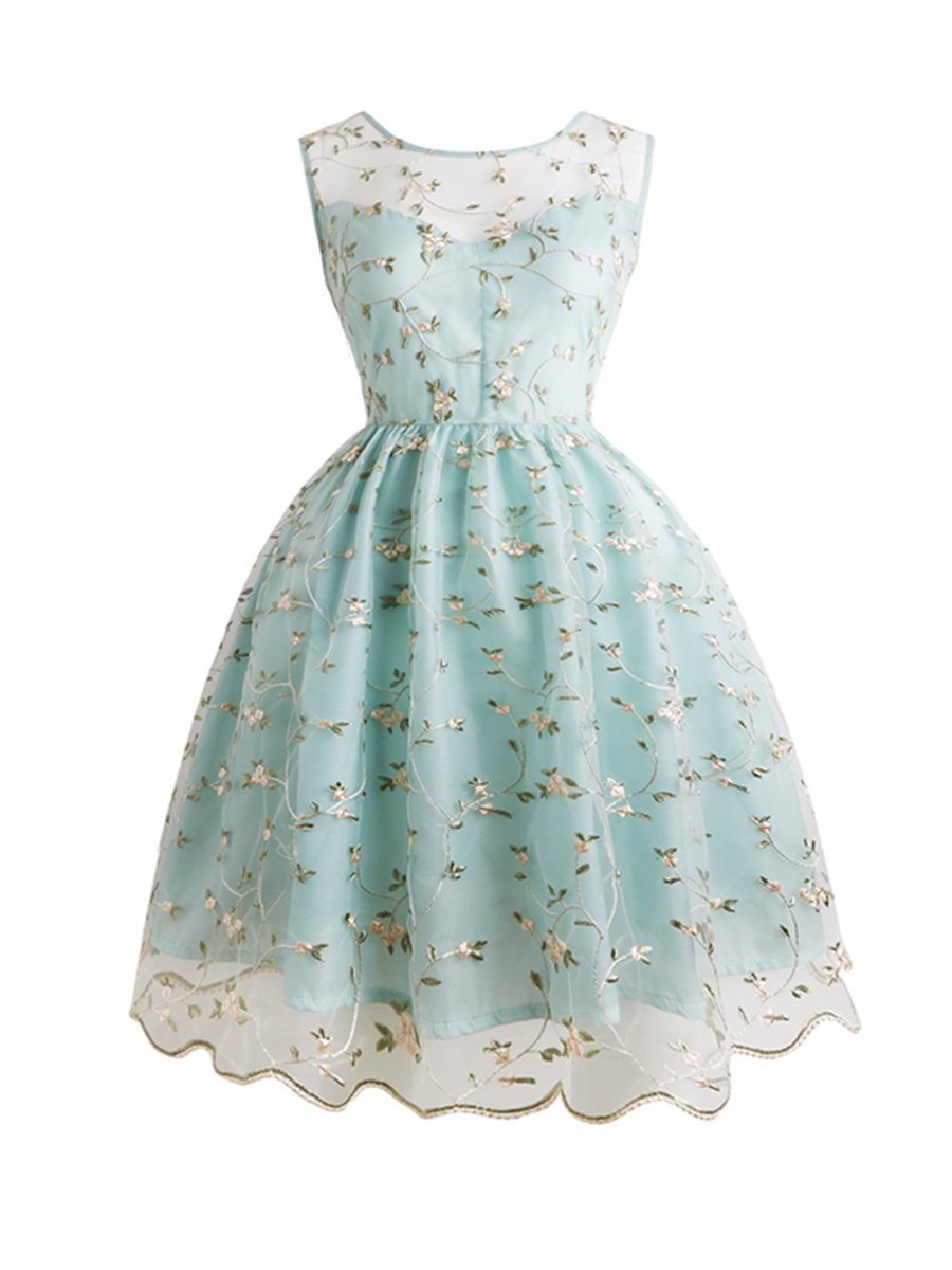 1950s Dress Embroidery Floral Fresh Style Midi Dress