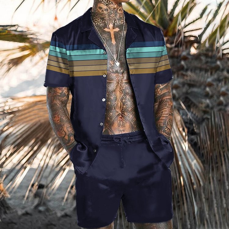 BrosWear Hawaiian Classic Stripe Color Contrast Shirt And Shorts Co-Ord