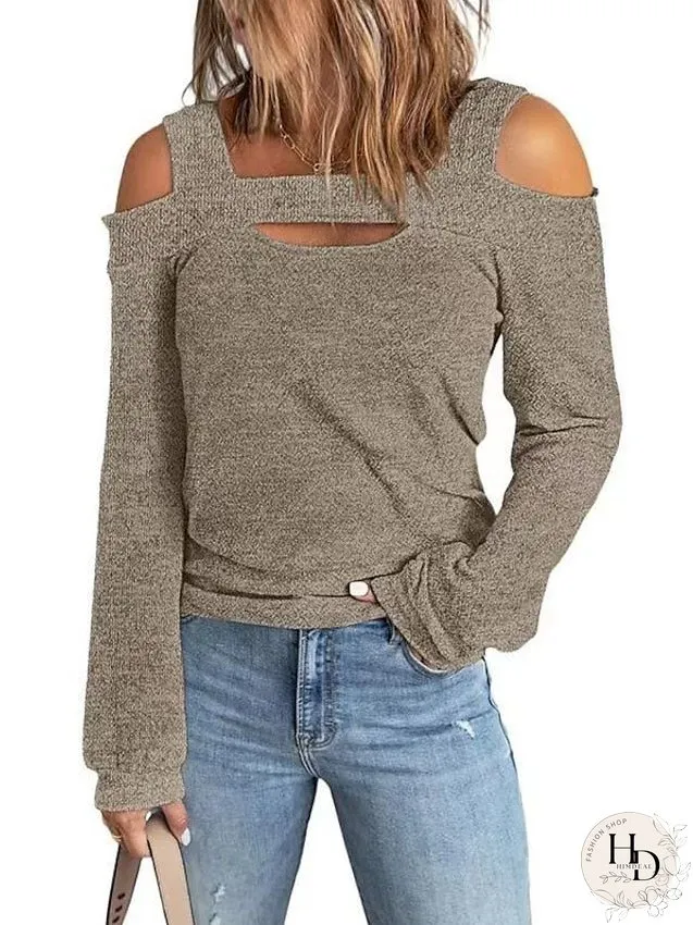 Blouse Hollow Out Plain Basic Off Shoulder Standard Spring & Fall Black Pink Red khaki Grey for Women