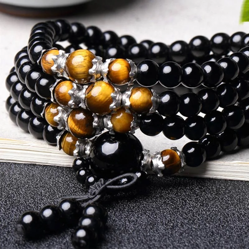 108 Beads Natural Black Obsidian Tiger Eye Mala Necklace Bracelet